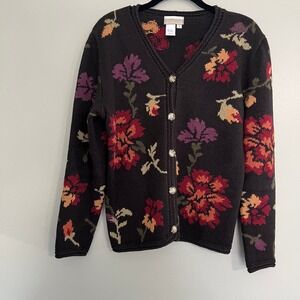 Coldwater Creek Intarsia Floral Cardigan Black Ramie Cotton Small Crochet trim